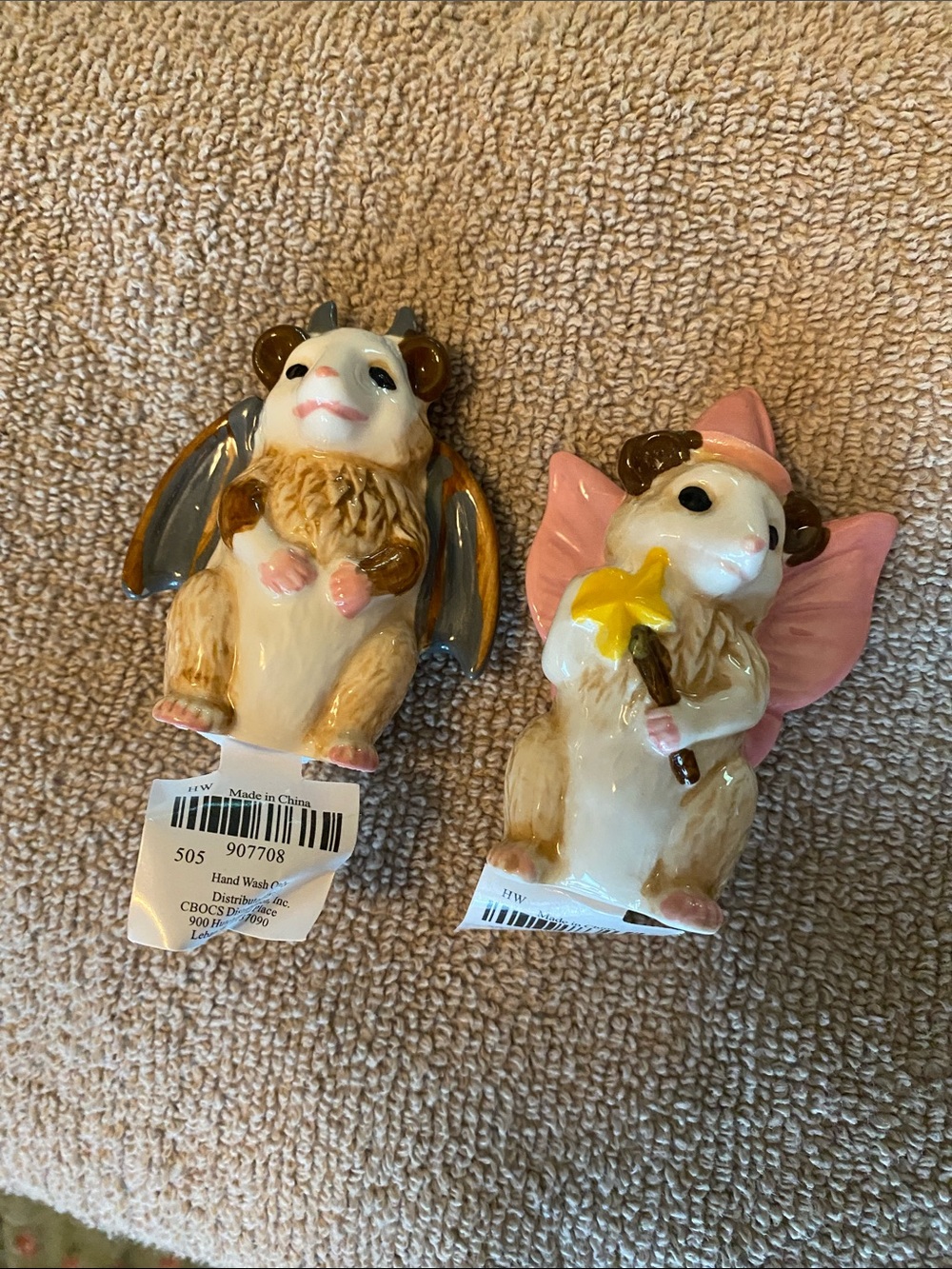 Cracker Barrel Ceramic possum Bat Fairy mini salt pepper set- Pink & Gray Wings